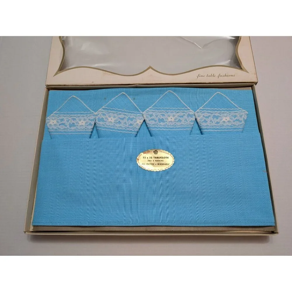 Penneys Majestic Creations Teal Blue 52x52 Tablecloth Napkin Rayon Fashion Manor